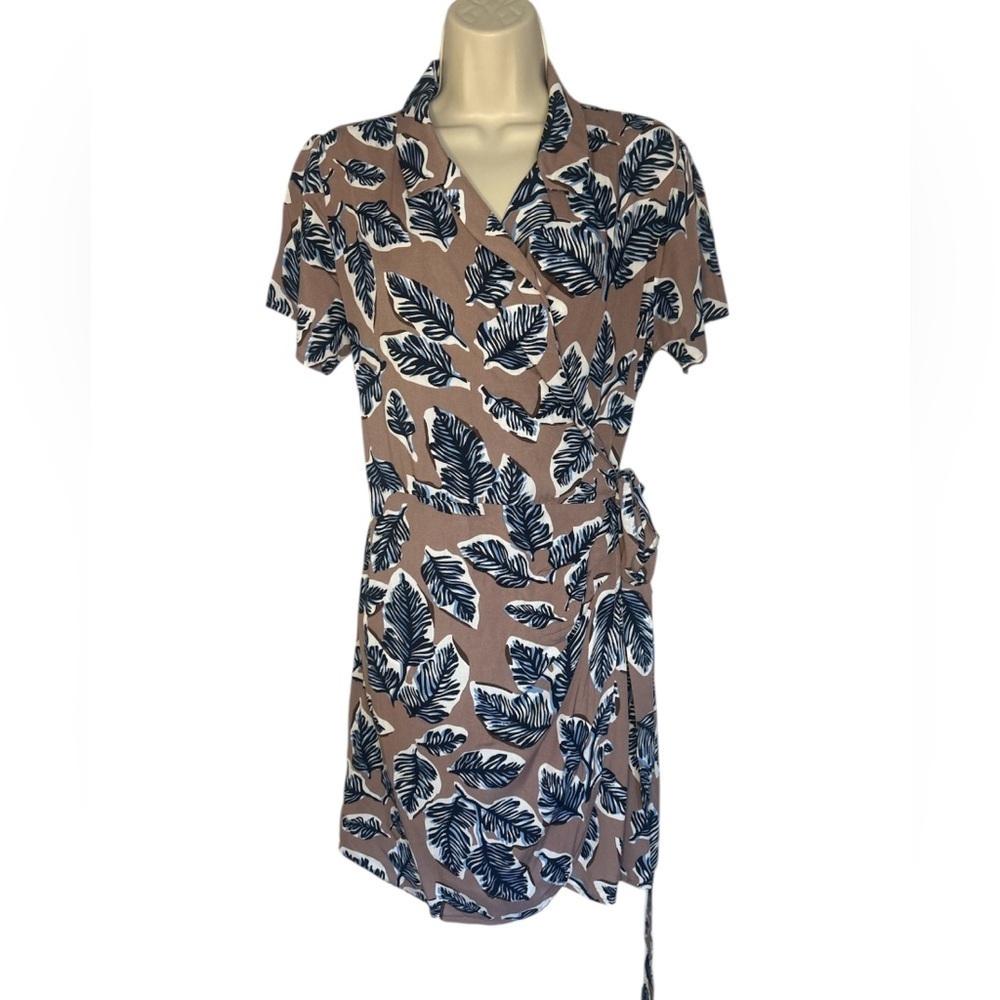 Kori Brown and Blue Leaf Print Wrap Dress